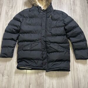 Mens Black Puffer Coat Fur Hood Sherpa Lined Winter Jacket Parka